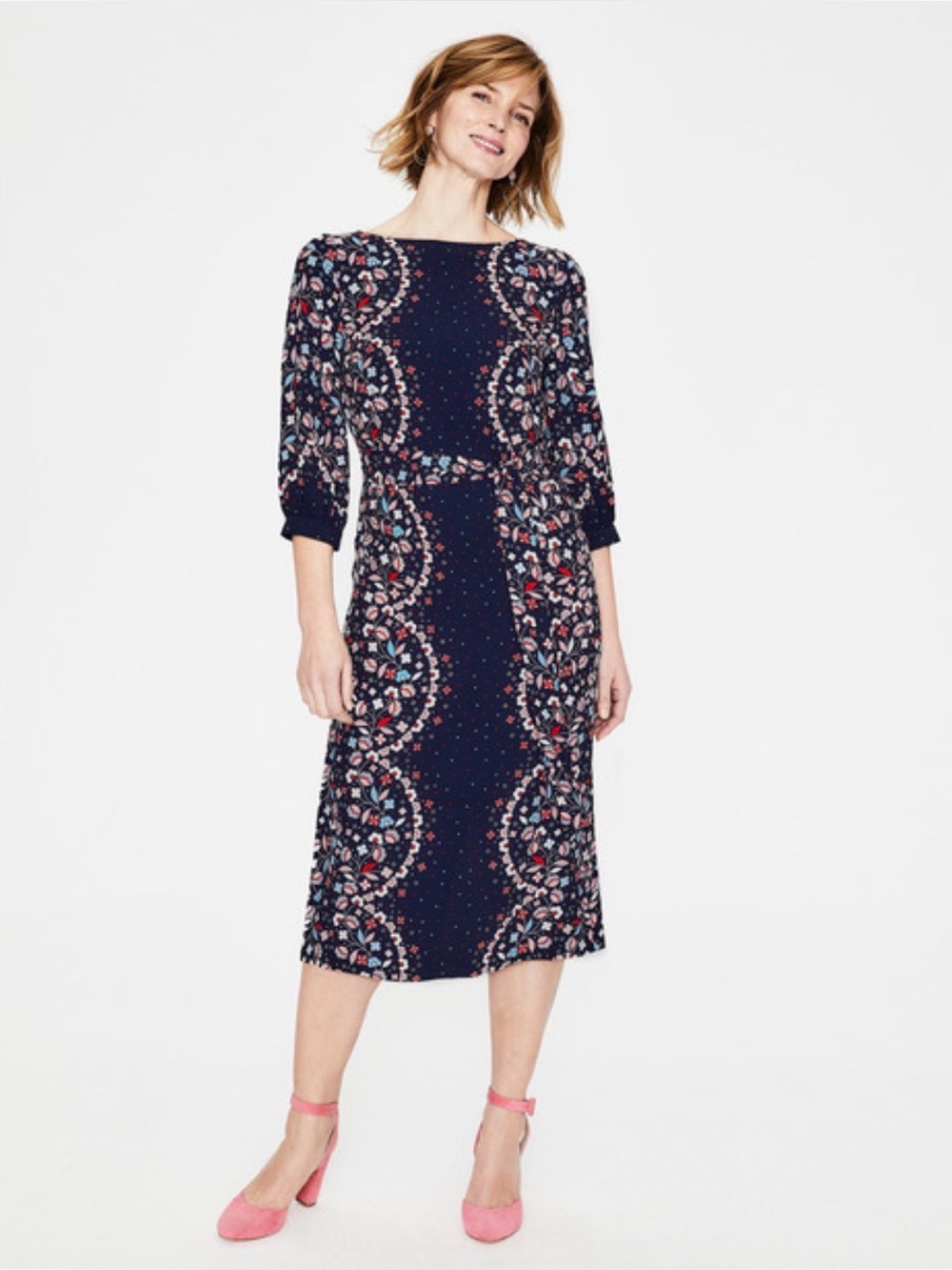 Boden Ferne Navy Floral Midi Dress with Tie Waist